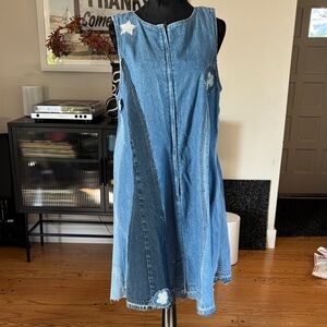 Denim Zip Sleeveless Dress with Star Patchwork